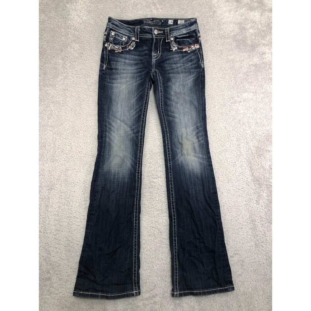 Miss Me Jeans Womens 14 (27x32) Blue Bootcut Rhinestones Low Rise JK8482B *Flaw